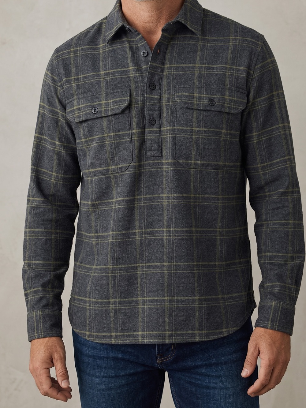 VINCE Men’s Plaid Cotton Pullover Shirt Gray Olive Green Large Gorpcore